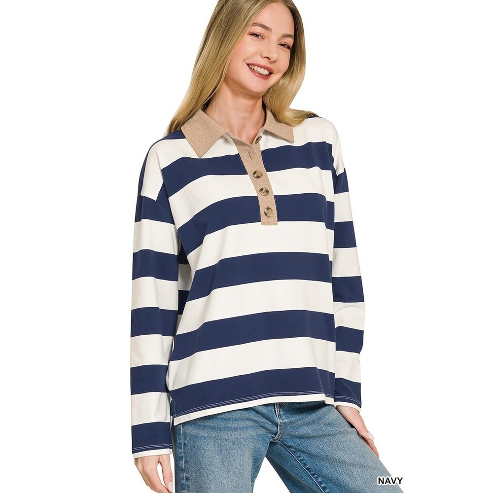 Zenana Striped Contrast Collar Polo Tee - Navy - Small - Picture 2 of 5